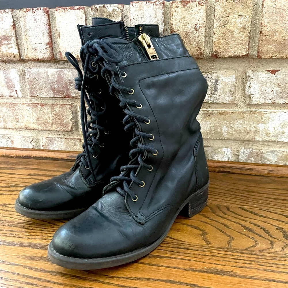 Steve madden black lace up zipper combat boots leather  1” heel